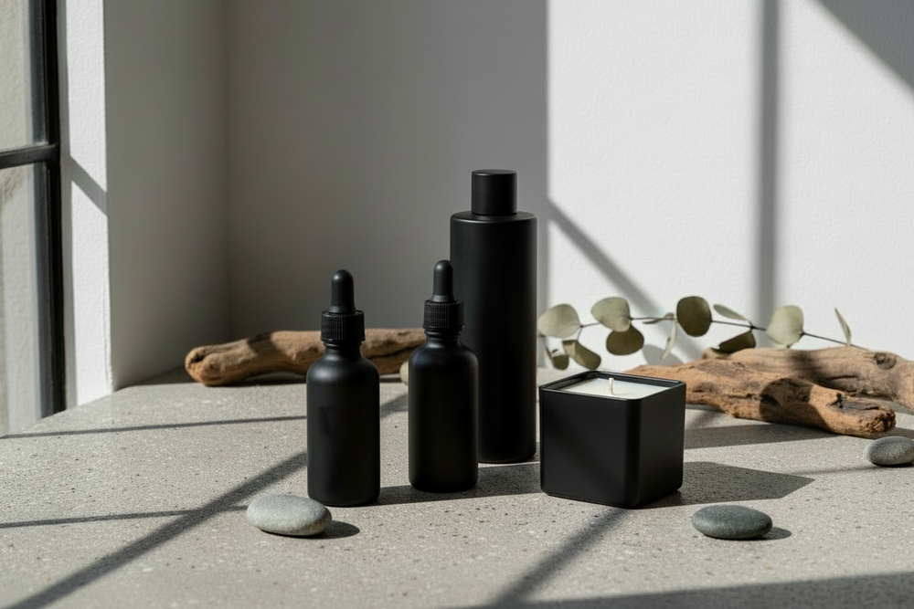 Set of black cylindrical containers on a concrete surface with natural elements.